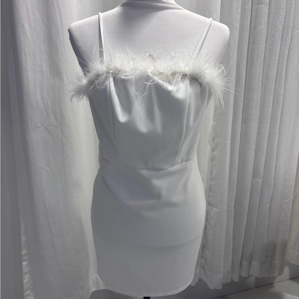 Elegant White Feather-Trim Dress